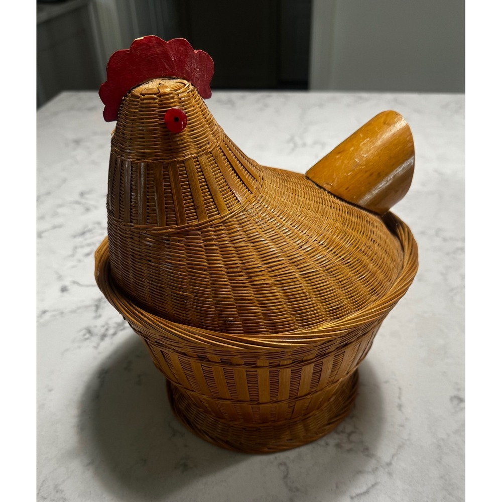 Vintage Hand-Woven Bamboo & Rattan Chicken Basket – As-Is 1960s/70s Folk Art